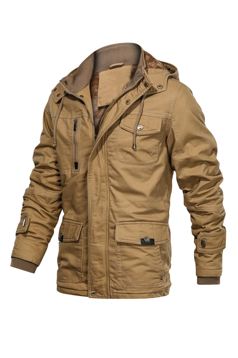 Thick Fleece Hooded Cargo Jacket with Pockets