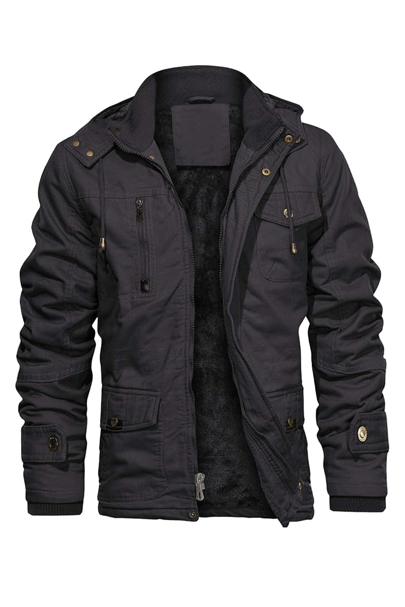 Thick Fleece Hooded Cargo Jacket with Pockets